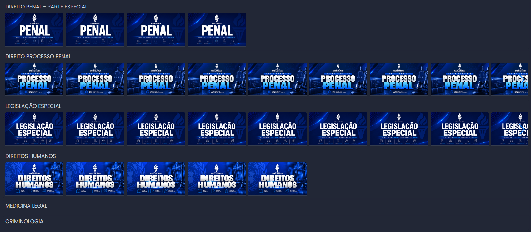 Outras disciplinas do curso PCMG, incluindo processo penal, legislação especial e direitos humanos