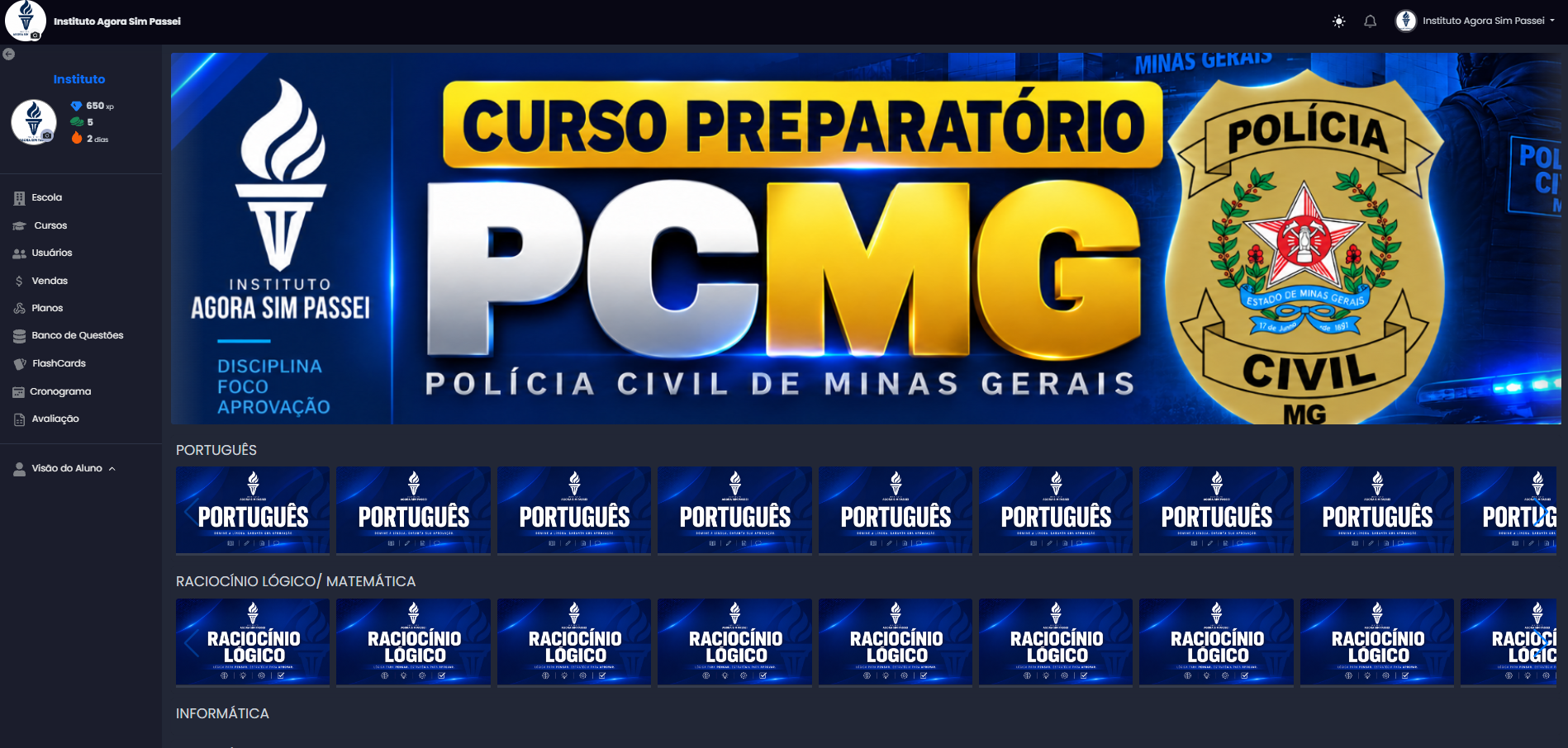Captura real do curso PCMG na plataforma, com disciplinas e aulas organizadas